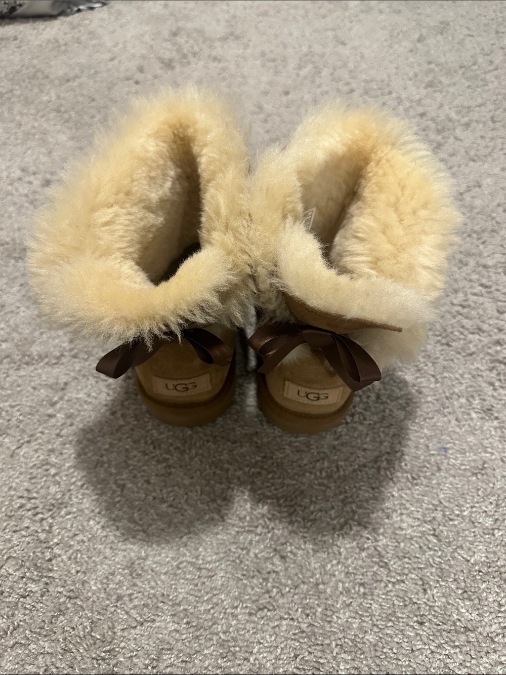 UGGS Chestnut Suede Booties with Cream Sheepskin Trim